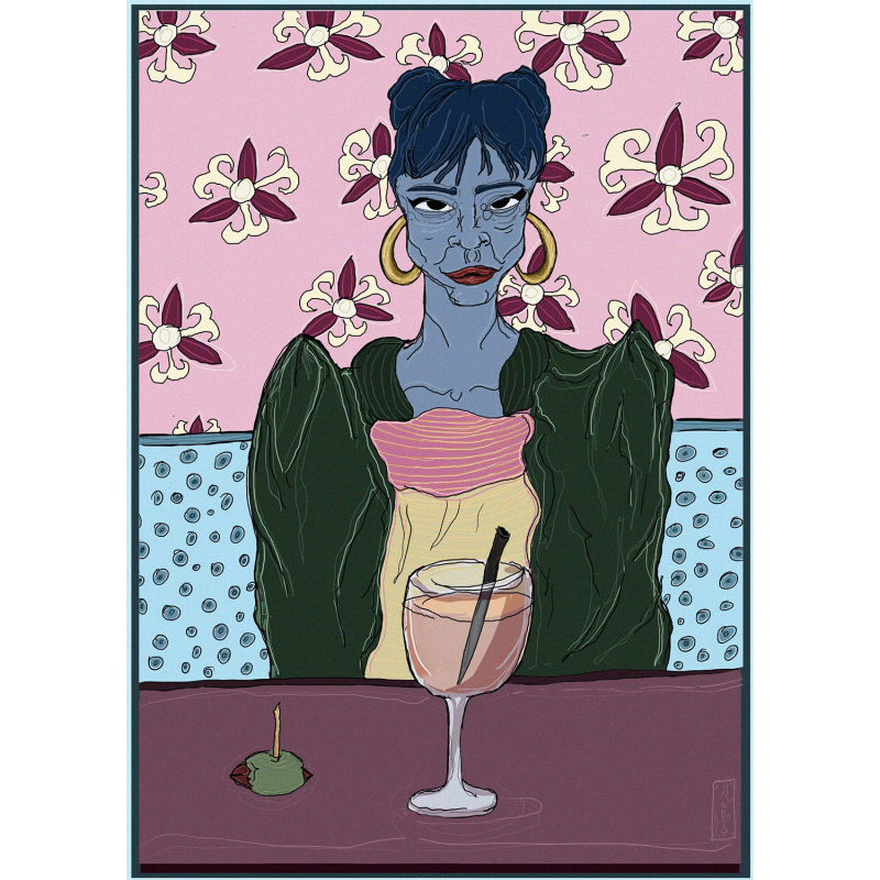 Her Gaze and the Martini olive Print